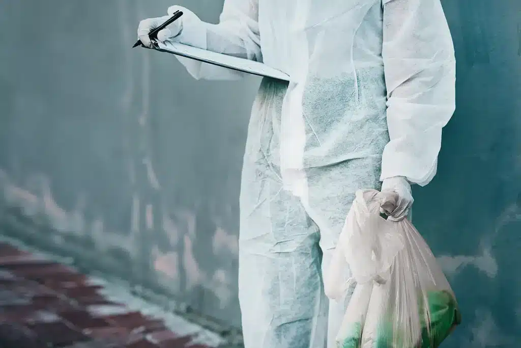 Biohazard cleanup worker in protective gear holding clipboard and waste bag.