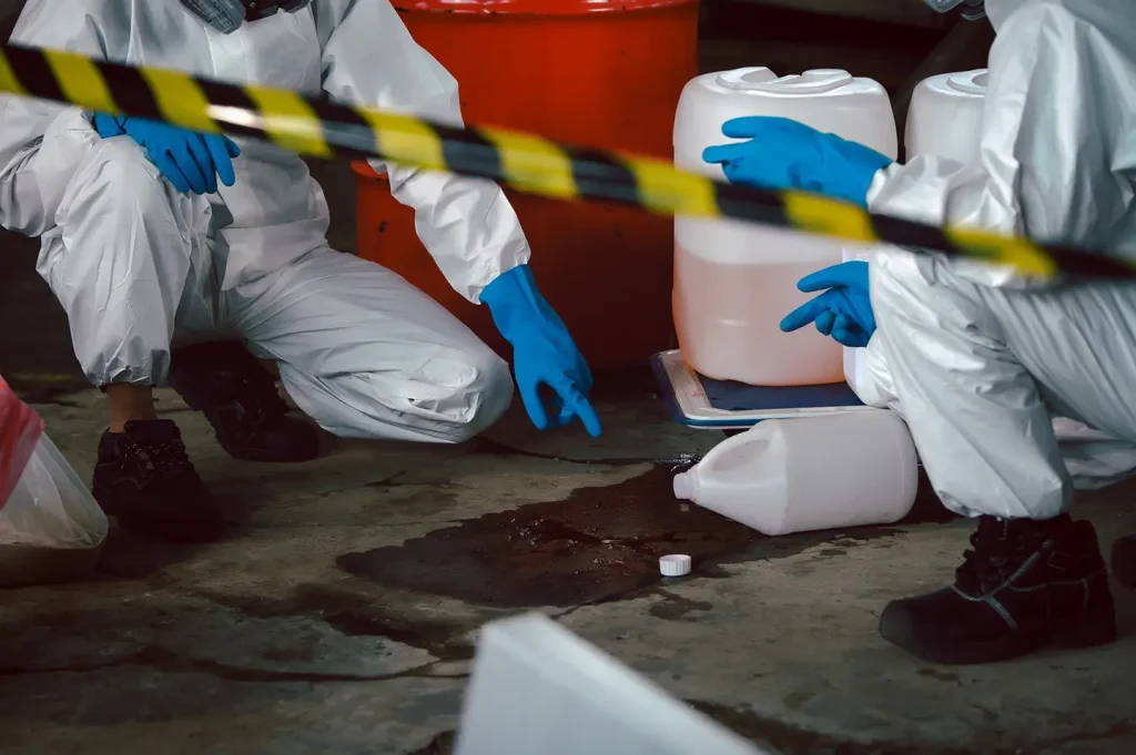 Technicians in protective gear cleaning up hazardous waste and biohazard materials at a contaminated scene.