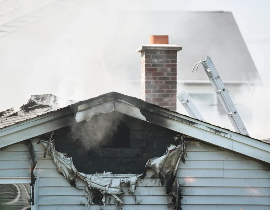 A damaged house roof with charred siding and a brick chimney.