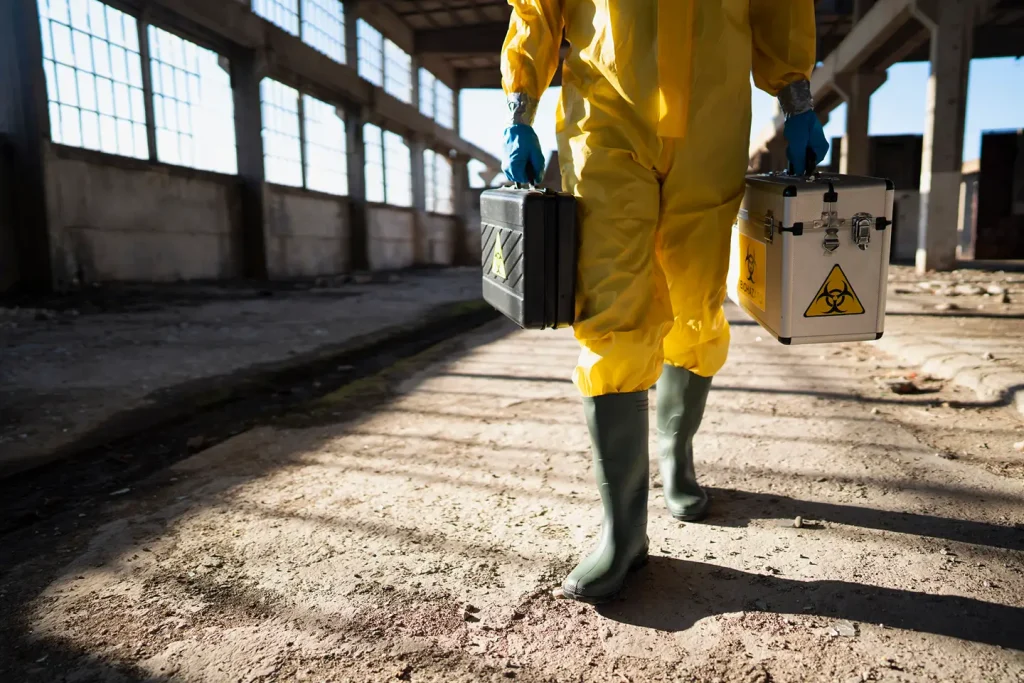 Biohazard cleanup specialists wearing PPE removing hazardous materials from a scene.