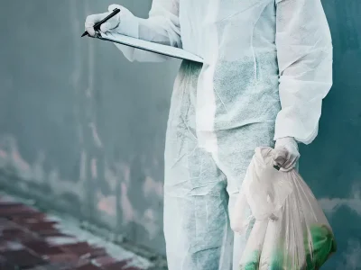 Biohazard cleanup worker in protective gear holding clipboard and waste bag.