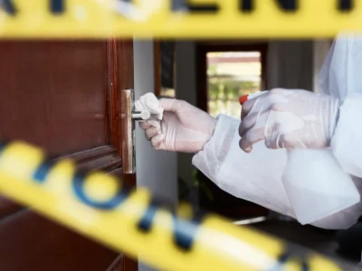 Phoenix Restoration professionals in protective gear cleaning a crime scene site.