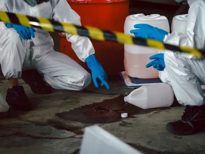 Technicians in protective gear cleaning up hazardous waste and biohazard materials at a contaminated scene.