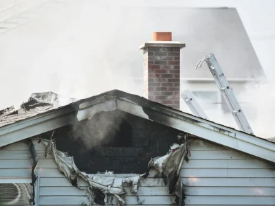 A damaged house roof with charred siding and a brick chimney.