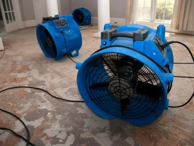 Water damage restoration team drying a floor with industrial fans and equipment.